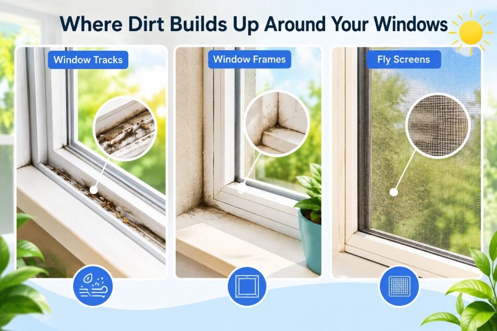 graphic showing common areas where dirt builds up around windows including window tracks, window frames and fly screens
