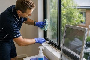 professional window cleaner cleaning window tracks, frames and fly screen in a modern home