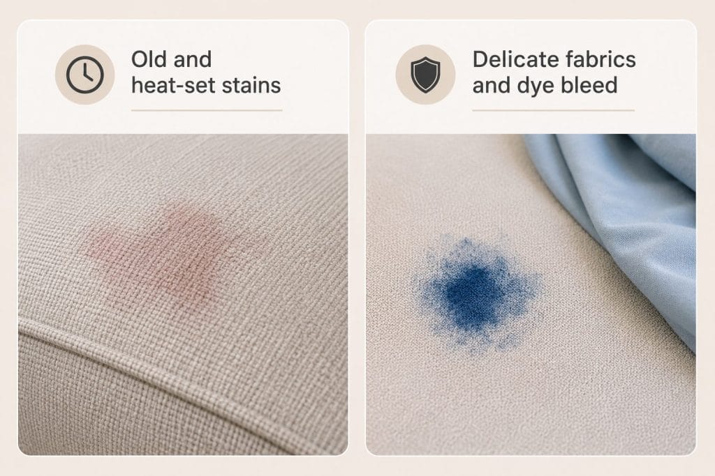 old heat set stains and delicate fabrics with dye bleed on upholstery
