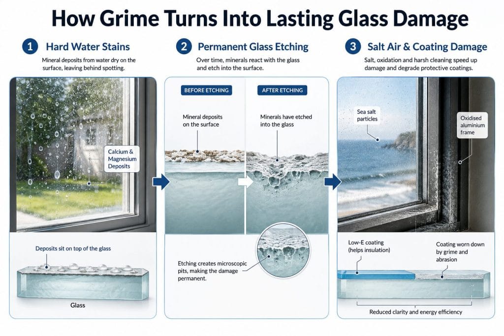 Infographic showing how hard water stains, mineral deposits and salt air gradually cause permanent glass etching and damage to Low-E window coatings.