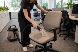 female cleaner professionally cleaning a fabric office chair in a Melbourne workplace