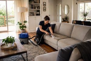 woman professionally cleaning a stained fabric couch with an upholstery extractor