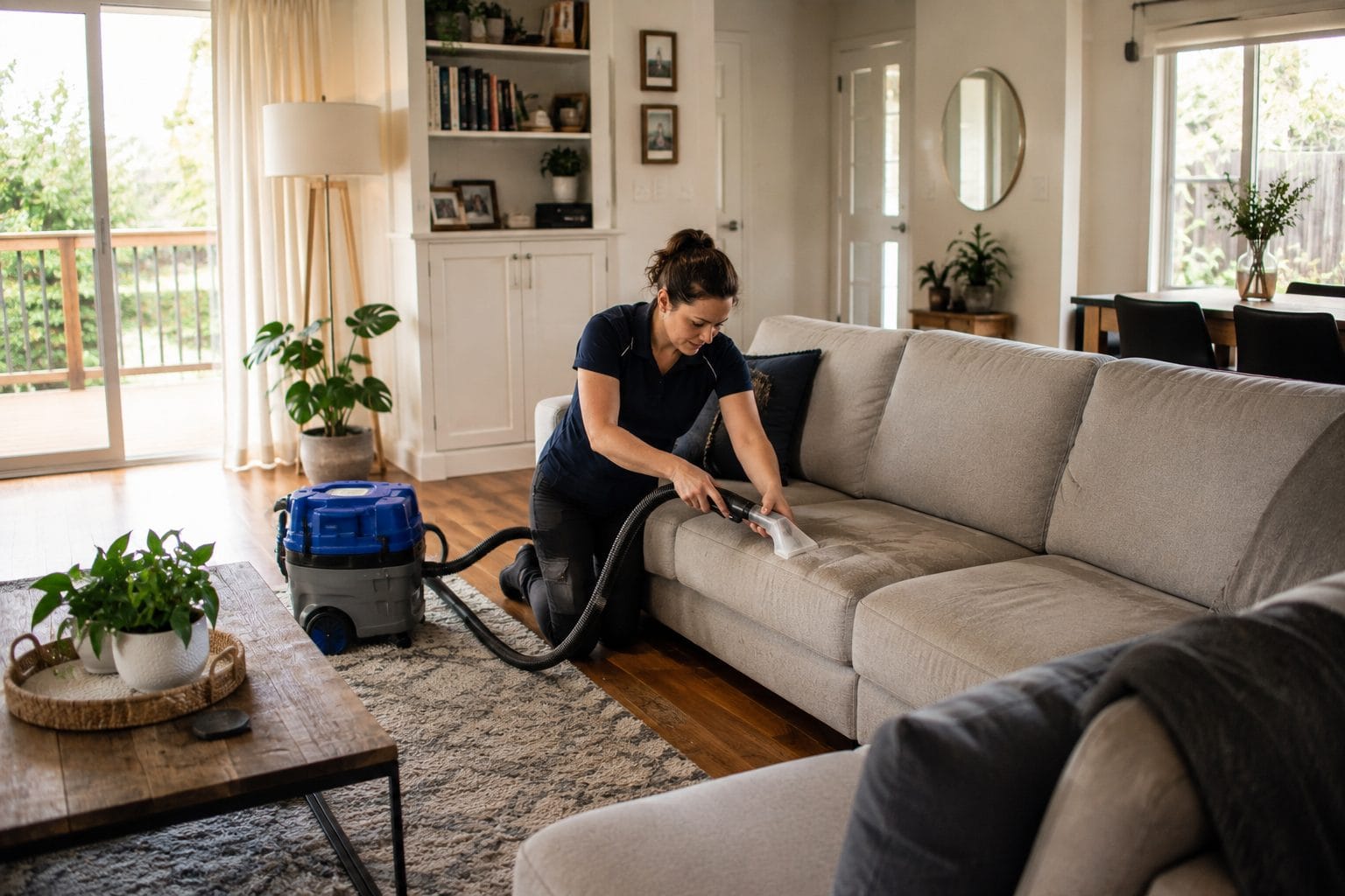 woman professionally cleaning a stained fabric couch with an upholstery extractor
