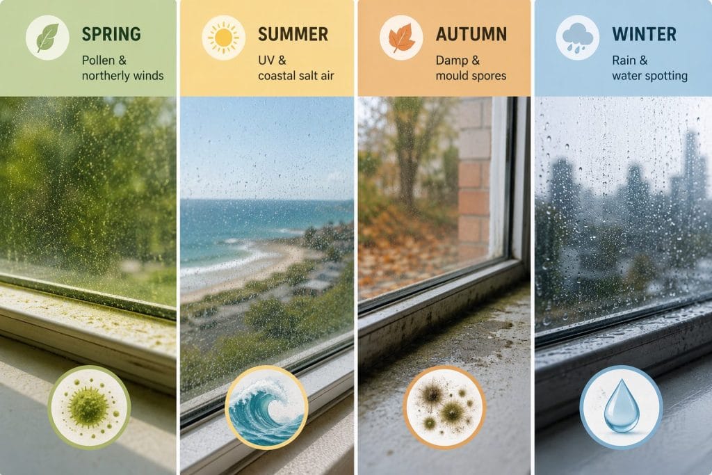 seasonal factors causing window grime in Melbourne