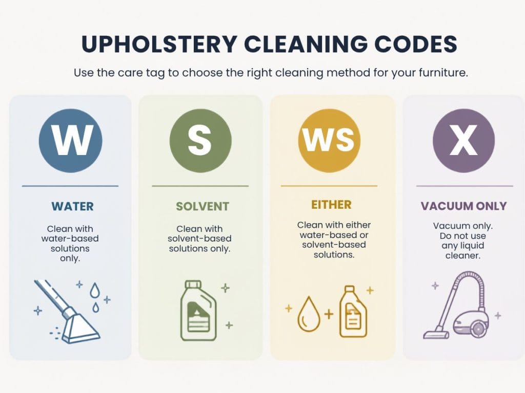 upholstery cleaning codes W S WS and X for different cleaning methods