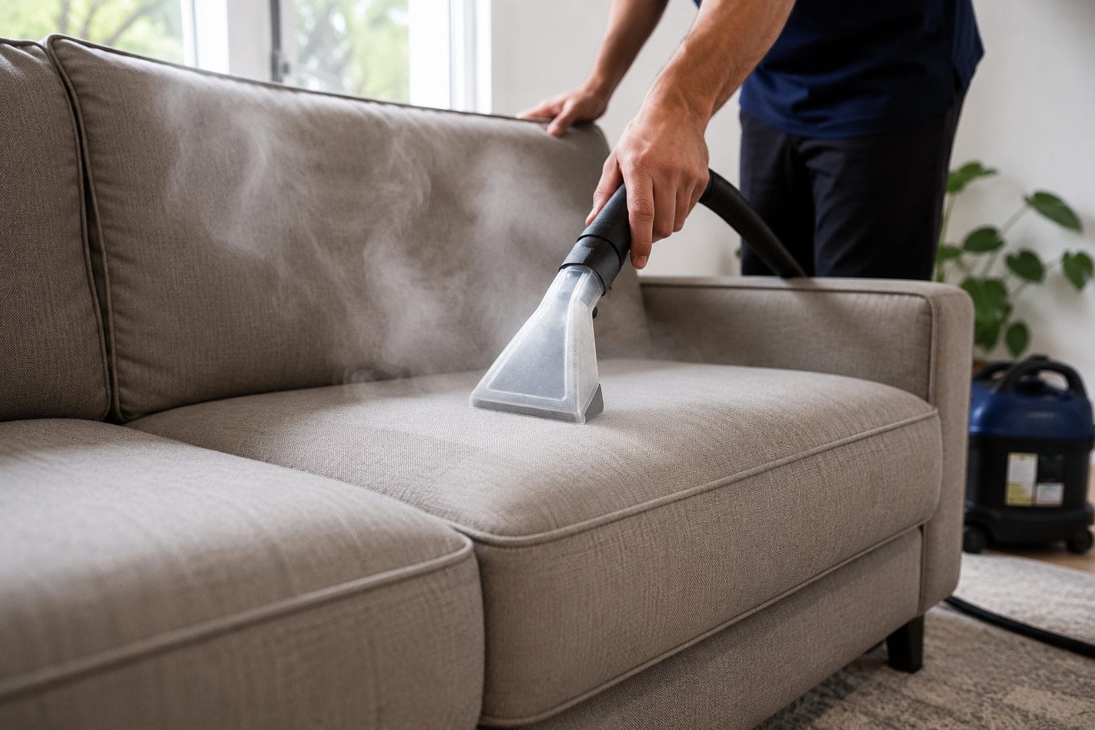 steam cleaning a fabric sofa in a Melbourne home