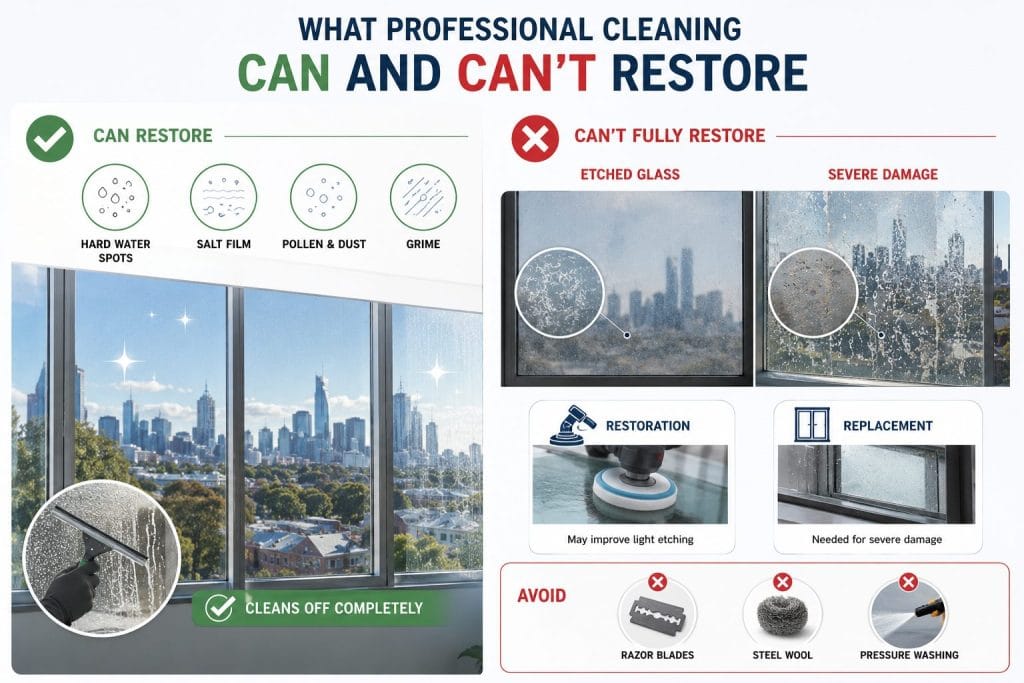 Infographic comparing window damage that professional cleaning can remove, such as hard water stains and grime, with permanent etched glass that requires restoration or replacement.