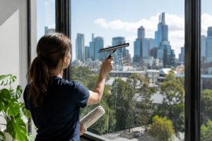 woman cleaning a window overlooking Melbourne