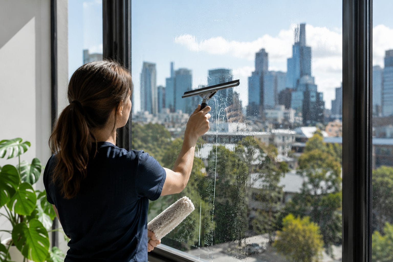 woman cleaning a window overlooking Melbourne