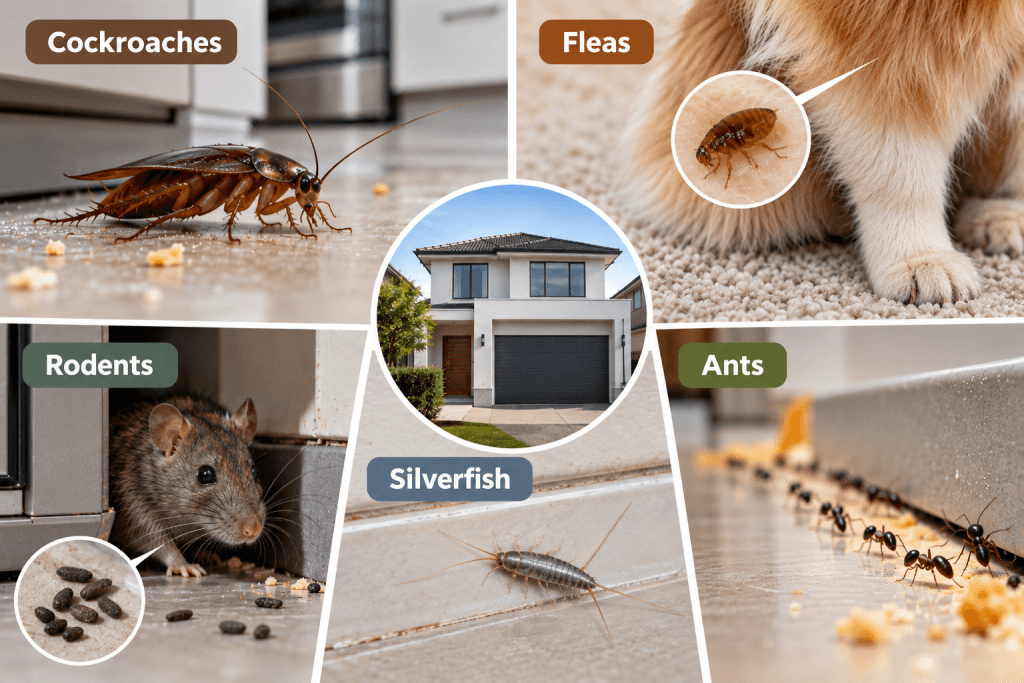 Common pests found in Melbourne rental properties including cockroaches, fleas, rodents, silverfish and ants