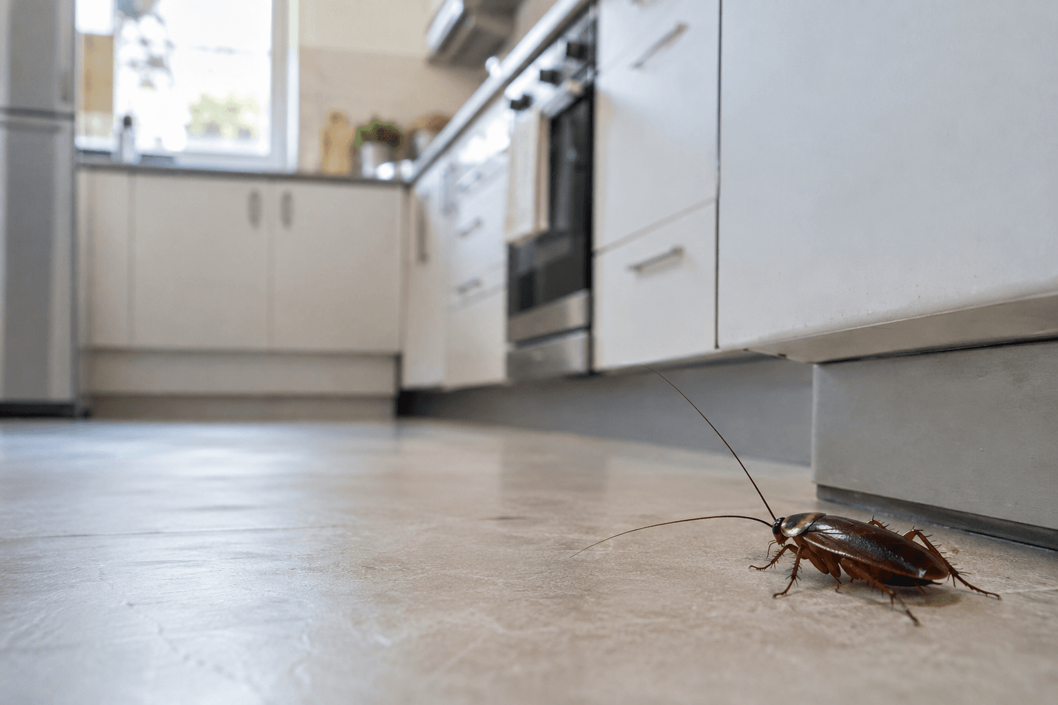 Cockroach crawling across the floor of a Melbourne rental kitchen