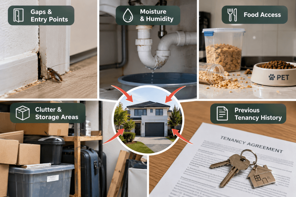 Common conditions that attract pests to rental properties, including gaps, moisture, food, clutter and previous tenancy