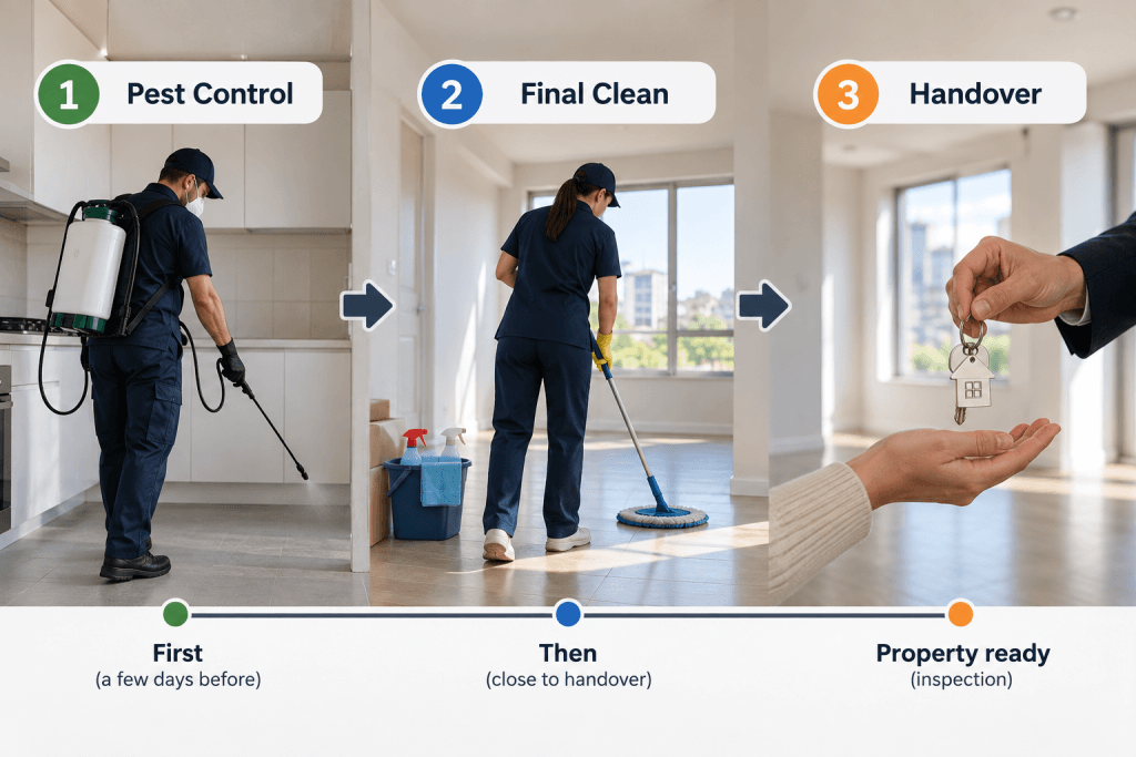 Pest control, final cleaning, and key handover scheduled in the correct order for an end-of-lease property