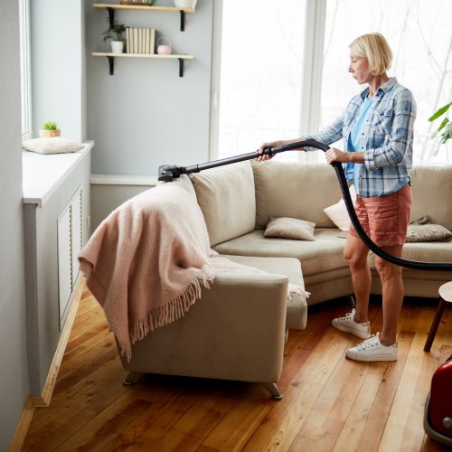 Serious attractive mature woman in homewear using vacuum cleaner while cleaning upholstery on sofa in living room